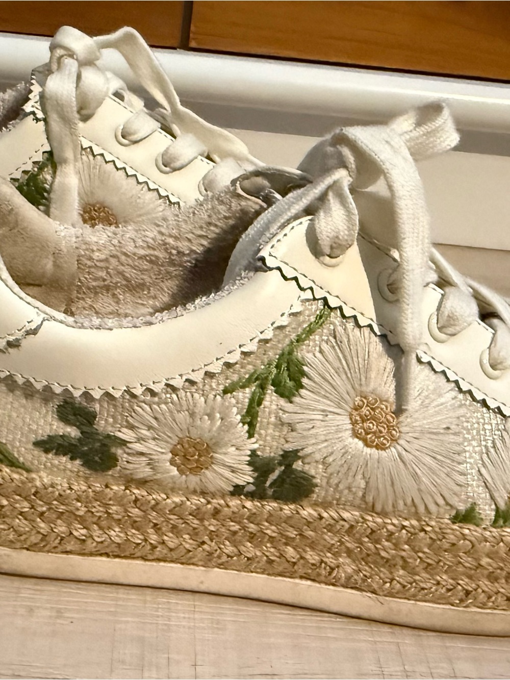 Dolce Vita White Sneakers with Green and Tan Floral Embroidery